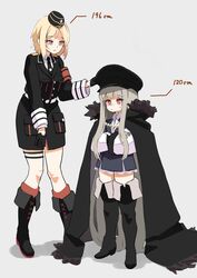  2girls absurdly_long_hair absurdres blonde_hair blush boots brown_eyes cape commentary girls&#039;_frontline grey_hair hat height height_difference highres kar98k_(girls&#039;_frontline) knee_boots long_hair medium_hair mp40_(girls&#039;_frontline) multiple_girls red_eyes sidelocks sweatdrop symbol-only_commentary thigh_boots thighhighs toryu_fufu very_long_hair 