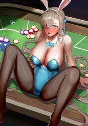  animal_ears asuna_(blue_archive) banned_artist bare_shoulders black_legwear blue_archive blue_eyes blue_leotard bow bowtie breasts casino casino_card_table chips cleavage collar female food grey_hair hair_over_one_eye highres large_breasts leaning_back leotard mole mole_on_breast monaim one_eye_covered pantyhose playboy_bunny rabbit_ears sitting solo spread_legs 