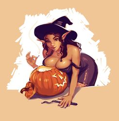  aurelia_(game) breast_press breasts cleavage dark-skinned_female dark_skin earrings female halfling halloween hat holding_matchstick jack-o&#039;-lantern janet_(aurelia) jewelry large_breasts looking_at_viewer pendant pointy_ears pumpkin solo walnusstinte wand witch_hat 