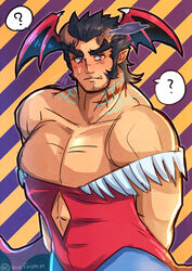  1boy ? absurdres bara bare_shoulders black_hair blue_hair blush broken_horn clothing_cutout cosplay crossdressing dark_blue_hair demon_boy demon_horns facial_hair fiery_horns halloween_costume head_wings highres horns kageru_(mofnyan) large_pectorals leotard lilith_aensland lilith_aensland_(cosplay) long_sideburns male_focus mature_male mini_wings muscular muscular_male oerba_yun_fang pantyhose pectoral_cleavage pectorals scar scar_on_neck short_hair sideburns smoke solo spiked_hair standing stomach_cutout striped striped_background stubble sweatdrop takemaru_(housamo) thick_eyebrows tokyo_afterschool_summoners vampire_(game) wings 