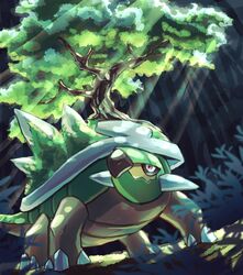  claws closed_mouth commentary_request forest from_below fusenryo highres light_rays nature no_humans outdoors pokemon pokemon_(creature) red_eyes solo spikes torterra tree 