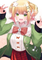  :d absurdres bad_id bad_pixiv_id blonde_hair bow bowtie breasts commentary female flower frilled_shirt frills gradient_hair green_eyes green_jacket hair_flower hair_ornament hairclip hands_up highres hololive jacket kurogane_tekki looking_at_viewer medium_breasts momosuzu_nene momosuzu_nene_(casual) multicolored_hair oerba_yun_fang official_alternate_costume official_alternate_hair_length official_alternate_hairstyle open_mouth orange_hair orange_nails pink_hair pleated_skirt puffy_sleeves red_skirt ribbon-trimmed_clothes ribbon_trim shirt short_hair sidelocks simple_background skirt smile solo star_(symbol) star_print streaked_hair tongue twintails virtual_youtuber white_shirt 