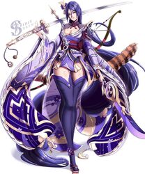  absurdly_long_hair artist_name bird_mask bow_(weapon) breasts cleavage cosplay dual_wielding fan_hair_ornament fate/grand_order fate_(series) female full_body genshin_impact highres holding holding_polearm holding_sword holding_weapon japanese_clothes kimono large_breasts long_hair long_sleeves low-tied_long_hair mask minamoto_no_raikou_(fate) obiage over_shoulder polearm purple_eyes purple_hair purple_kimono purple_thighhighs raiden_shogun raiden_shogun_(cosplay) simple_background solo spiritdraws sword thighhighs very_long_hair weapon weapon_over_shoulder white_background wide_sleeves 