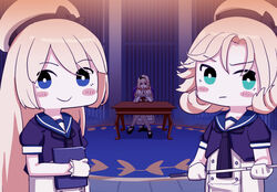  3girls bare_shoulders blonde_hair blue_eyes blush_stickers commentary_request crossed_legs crown dress fuwafuwatoufu gloves green_eyes hairband hat janus_(kancolle) jervis_(kancolle) kantai_collection long_hair mini_crown multiple_girls own_hands_together persona persona_5 sailor_dress sailor_hat table velvet_room warspite_(kancolle) white_gloves 