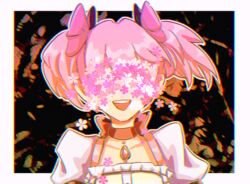  abstract_background arms_at_sides black_background border cherry_blossoms choker chromatic_aberration close-up collarbone commentary_request covered_eyes facing_viewer female flat_chest floating_hair flower flower_over_eyes frills hair_ribbon kaname_madoka kaname_madoka_(magical_girl) lether mahou_shoujo_madoka_magica mahou_shoujo_madoka_magica_(anime) open_mouth outline pink_flower pink_hair pink_ribbon pink_theme puffy_short_sleeves puffy_sleeves red_choker red_ribbon ribbon ribbon_choker short_sleeves short_twintails simple_background smile solo soul_gem symbolism teeth twintails upper_body upper_teeth_only white_border white_flower white_outline 