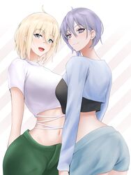  2girls :d ahoge ass azur_lane bataan_(azur_lane) bellona_(azur_lane) black_shirt blonde_hair blue_eyes blue_shirt blue_shorts crop_top green_pants hair_between_eyes highres jakqbigone long_sleeves looking_at_viewer midriff multiple_girls navel open_mouth pants purple_eyes purple_hair shirt short_hair short_shorts short_sleeves shorts smile standing stomach straddling white_shirt 