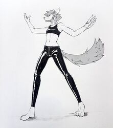  akatan_art anthro canid claws clothed clothing full-length_portrait hair latex latex_clothing latex_legwear latex_topwear legwear male mammal midriff monochrome mouth_closed navel portrait short_hair simple_background solo standing toe_claws topwear traditional_media_(artwork) unsigned 