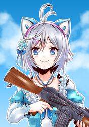  .live akm animal_ear_headphones animal_ears antenna_hair assault_rifle blue_bow blue_eyes blue_flower blue_jacket blue_sky bow cat_ear_headphones cat_ears cat_hair_ornament closed_mouth cloud collarbone commentary_request day dennou_shoujo_siro dress fake_animal_ears female fingernails flower grey_hair gun hair_between_eyes hair_flower hair_ornament hairbow headphones heart heart-shaped_pupils holding holding_gun holding_weapon jacket juliet_sleeves kalashnikov_rifle layered_sleeves long_sleeves okiru outdoors outline partial_commentary puffy_short_sleeves puffy_sleeves rifle scratches short_over_long_sleeves short_sleeves sky smile solo symbol-shaped_pupils upper_body virtual_youtuber weapon white_dress white_flower white_outline 