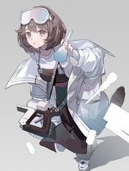  airbrush animal_ears apron arknights blue_nails brown_eyes brown_hair coat collarbone female from_above full_body goggles goggles_on_head hair_between_eyes hand_up highres holding holding_brush layered_sleeves light_blush looking_at_viewer makeup_brush medium_hair otter_ears otter_girl otter_tail oversized_clothes parted_lips roberta_(arknights) shirt sleepless_(wrysmile) sleeves_past_wrists solo tail white_coat white_footwear white_shirt zipper zipper_pull_tab 