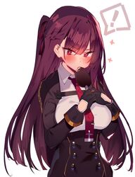  ! black_dress black_gloves black_skirt blush breasts buttons collared_shirt commentary_request dress dress_shirt eating female food framed_breasts girls&#039;_frontline gloves hair_ribbon half_updo hand_on_own_hip highres large_breasts long_hair long_sleeves looking_at_viewer necktie one_side_up popsicle purple_hair purple_ribbon red_eyes red_necktie ribbon shirt skirt solo soukou_makura sparkle wa2000_(girls&#039;_frontline) white_background white_shirt 