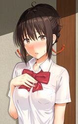  ahoge blush bow bowtie brown_eyes brown_hair collared_shirt commentary_request female hair_between_eyes hair_ribbon hand_on_own_chest kimi_no_na_wa. looking_at_viewer miyamizu_mitsuha nose_blush red_bow red_bowtie ribbon school_uniform shirt short_sleeves shukurin solo uniform upper_body white_shirt 