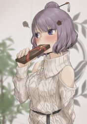  argyle averting_eyes bare_shoulders belt blue_eyes blush box chaldea_logo collar commentary_request fate/grand_order fate_(series) female fingernails hair_bun hair_ornament highres katsushika_hokusai_(fate) nervous nonone_(the9thxsheep) partial_commentary purple_hair single_hair_bun solo squiggle sweatdrop sweater valentine 