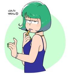  1boy applying_makeup black_eyes blue_dress blunt_bangs bob_cut bracelet breast_padding crossdressing dress eyelashes green_hair green_nails jewelry looking_at_viewer male_focus matsuno_choromatsu necklace nrnk osomatsu-san osomatsu_(series) otoko_no_ko pink_lips solo translation_request wig 