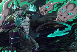  absurd_res anthro barazoku bone canid canine canis demon edbwolf group hi_res hybrid league_of_legends male male/male mammal muscular muscular_male riot_games ruined ruined_king ruinedsona skull tencent wolf 