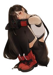  bare_shoulders black_hair black_skirt black_thighhighs boots crop_top detached_sleeves earrings female final_fantasy final_fantasy_vii final_fantasy_vii_remake full_body highres jewelry long_hair looking_at_viewer low-tied_long_hair mmariesr red_eyes red_footwear skirt smile solo squatting suspender_skirt suspenders tank_top thighhighs tifa_lockhart white_background white_tank_top 