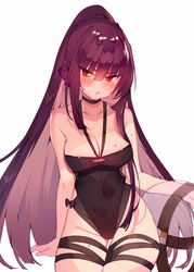  black_one-piece_swimsuit blush breasts cleavage collarbone commentary_request covered_navel female girls&#039;_frontline highres large_breasts long_hair looking_at_viewer official_alternate_costume one-piece_swimsuit open_mouth ponytail purple_hair red_eyes simple_background sitting solo soukou_makura swimsuit wa2000_(girls&#039;_frontline) wa2000_(op._manta_ray)_(girls&#039;_frontline) 