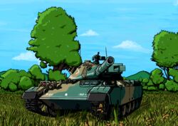  caterpillar_tracks cloud commentary_request daijobuda day flower forest grass gun machine_gun military military_vehicle motor_vehicle mountain nature no_humans outdoors sky tank tree type_74_(tank) vehicle_focus war_thunder weapon 