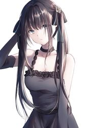  arcaea bare_shoulders black_bow black_choker bow breasts brown_hair choker cleavage closed_mouth collarbone dress elbow_gloves female gloves grey_dress grey_eyes grey_gloves hair_between_eyes hairbow hand_in_own_hair highres long_hair medium_breasts simple_background sleeveless sleeveless_dress solo standing tairitsu_(arcaea) twintails very_long_hair white_background yukkering_(yukke) 