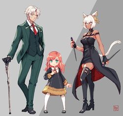  1boy 2girls absurdres animal_ears anya_(spy_x_family) anya_(spy_x_family)_(cosplay) archon_mark black_dress blue_eyes boots breasts cane cat_ears cat_tail cosplay dagger dark-skinned_female dark_skin dress earrings eden_academy_school_uniform facial_mark final_fantasy final_fantasy_xiv fingerless_gloves flower formal gloves gold_hairband green_suit grey_background grey_eyes hair_flower hair_ornament hair_ribbon hairband high_heel_boots high_heels highres hjz_(artemi) holding holding_dagger holding_knife holding_weapon hyur jewelry knife lolicon looking_at_viewer medium_breasts miqo&#039;te multiple_girls neck_tattoo red_hair ribbon rose ryne_waters school_uniform short_hair simple_background spy_x_family suit tail tattoo thancred_waters thigh_boots thighhighs twilight_(spy_x_family) twilight_(spy_x_family)_(cosplay) two-sided_dress two-sided_fabric weapon whisker_markings white_hair y&#039;shtola_rhul yellow_eyes yor_briar yor_briar_(cosplay) 