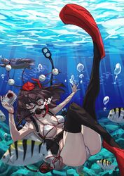  absurdres animal bikini breasts bubble camera cleavage commentary commission damselfish diving_mask female fish flippers full_body goggles hat highres holding holding_camera looking_at_viewer outdoors red_eyes sea_turtle sergeant_(fish) shameimaru_aya snorkel swimsuit tokin_hat touhou turtle underwater white_bikini yuuka_(a0240765) 