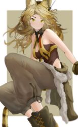  absurdres animal_ear_fluff animal_ears arknights blonde_hair boots breasts brown_background brown_footwear brown_jacket brown_pants brown_shirt cat_ears cat_girl cat_tail cleavage cleavage_cutout clothes_around_waist clothing_cutout earpiece female fur-trimmed_jacket fur_trim highres jacket jacket_around_waist large_breasts long_hair looking_at_viewer pants quercus_(arknights) shirt simple_background sleeveless sleeveless_shirt smile solo sora_mame_(princess_0sora) tail 