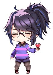  absurdres black_hair chibi commentary_request cosplay facing_viewer female frisk_(undertale) frisk_(undertale)_(cosplay) full_body glasses heart highres indie_virtual_youtuber kson mole mole_under_eye nyctea_snow purple_sweater solo striped_clothes striped_sweater sweater undertale virtual_youtuber wing_collar 