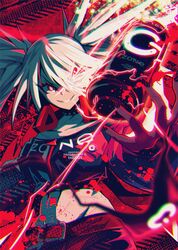  bad_id bad_pixiv_id belt belt_buckle berryverrine black_collar black_nails blood blood_splatter buckle can collar dive_to_zone duplicate electricity english_text eyepatch female fingernails floating floating_object glowing glowing_eye grin hair_between_eyes headphones headphones_around_neck highres long_hair navel pixel-perfect_duplicate power_symbol product_girl red_eyes scratches smile solo spiked_collar spikes striped teeth twintails white_hair zonko 