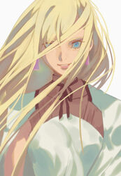  blonde_hair blue_eyes capelet crazy_eyes crazy_smile eyebrows_hidden_by_hair female floating_hair gigi_andalusia gundam gundam_hathaway&#039;s_flash long_hair parted_lips portrait ryukusou smile solo white_background white_capelet 