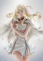  artist_name blonde_hair blue_eyes capelet crossed_arms dress earrings female floating_hair gigi_andalusia gundam gundam_hathaway&#039;s_flash head_tilt highres jane_mere jewelry long_hair looking_to_the_side nail_polish pink_nails solo triangle_earrings white_capelet white_dress 