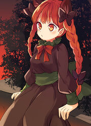  :o animal_ears bow bowtie braid breasts brown_dress cat_ears dress extra_ears feet_out_of_frame female gradient_sky green_sash hairbow kaenbyou_rin long_hair looking_ahead medium_breasts outdoors parted_lips red_bow red_bowtie red_eyes red_hair sash sitting sky solo tomobe_kinuko touhou twilight twin_braids twintails 