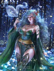  bare_shoulders boots breasts cape character_name cleavage copyright_name curly_hair detached_sleeves dragon dress earrings english_commentary female final_fantasy final_fantasy_iv forest green_cape green_dress green_eyes green_footwear green_hair green_sleeves hair_ornament highres jewelry long_hair medium_breasts mini_dragon nature paid_reward_available rydia_(ff4) side_slit solo strapless strapless_dress thigh_boots thighhighs wide_sleeves yam_spectrum 