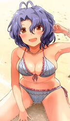  :d antenna_hair arm_up armpits bad_id bad_twitter_id bare_arms beach bikini blue_bikini blue_hair blush bracelet breasts brown_eyes cleavage collarbone commission female frilled_bikini frills front-tie_bikini_top front-tie_top hair_between_eyes halterneck hanamasa_ono highres idolmaster idolmaster_million_live! in_water jewelry looking_at_viewer medium_breasts narrow_waist navel necklace open_mouth outdoors sand short_hair side-tie_bikini_bottom sitting skeb_commission smile solo swimsuit toyokawa_fuka water wet wet_hair 