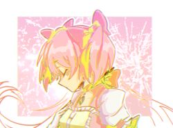  border breasts buttons center_frills choker chromatic_aberration close-up closed_eyes commentary_request expressionless eyelashes female firework_background fireworks floating_hair frilled_sleeves frills fusion gloves hair_ribbon hand_on_own_chest hand_up head_down kaname_madoka kaname_madoka_(magical_girl) lether light_blush long_hair mahou_shoujo_madoka_magica mahou_shoujo_madoka_magica_(anime) multicolored_hair outline parted_lips pastel_colors pink_background pink_choker pink_hair pink_ribbon pink_theme profile puffy_short_sleeves puffy_sleeves ribbon ribbon_choker short_sleeves short_twintails simple_background small_breasts solo soul_gem streaked_hair twintails two-tone_background ultimate_madoka upper_body very_long_hair white_border white_gloves white_outline yellow_theme 