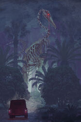  bone car commentary_request creature forest glowing glowing_eyes highres monster motor_vehicle nature night original palm_tree palms skeleton toy(e) tree yuugai_choujuu 