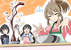  3girls ^^^ absurdres apron black_hair brown_eyes brown_hair chocolate chocolate_making chocolate_on_face closed_eyes expressionless floating floating_object food food_on_face highres holding holding_whisk hori_yuko idolmaster idolmaster_cinderella_girls lightning_bolt_symbol long_hair messy mixing_bowl multiple_girls nakano_yuka off-shoulder_shirt off_shoulder ponytail purple_eyes seven_two_one shirayuki_chiyo shirt short_hair twintails whisk 