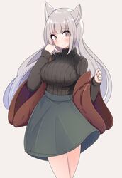  absurdres animal_ears biba_eichi black_sweater blush breasts brown_jacket female fox_ears fox_girl grey_eyes grey_skirt head_tilt highres indie_virtual_youtuber jacket large_breasts long_hair looking_at_viewer nerine_(vtuber) off_shoulder ribbed_sweater skirt smile solo sweater virtual_youtuber wide_sleeves 