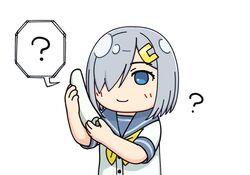  ? blue_eyes blue_sailor_collar commentary cordless_phone female grey_hair hair_ornament hair_over_one_eye hairclip hama!_(3toshinhmkz) hamakaze_(kancolle) kantai_collection necktie phone sailor_collar school_uniform serafuku short_hair smile solo spoken_question_mark upper_body yellow_necktie 