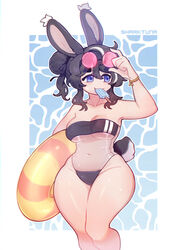  adjusting_eyewear alternate_costume alternate_hairstyle animal_ears arm_up artist_name bare_shoulders black_hair breasts cleavage collarbone covered_navel eating eyewear_on_head female food food_in_mouth gris_swimsuit hair_bun highres holding holding_swim_ring innertube large_breasts looking_away m_(sharktuna) meme_attire multicolored_hair original popsicle popsicle_in_mouth rabbit_ears rabbit_girl rabbit_tail red-tinted_eyewear revision rimless_eyewear round_eyewear sharktuna short_hair solo sunglasses swim_ring tail thick_eyebrows tinted_eyewear white_hair wide_hips 