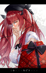  azur_lane beret black_bow black_hat blush bow box breasts female from_side gift gift_box hairbow hat highres honolulu_(azur_lane) honolulu_(umbrella_girl)_(azur_lane) incoming_gift kanaya604 large_breasts long_hair official_alternate_costume red_eyes red_hair shirt snowing solo wet wet_clothes wet_shirt white_shirt 