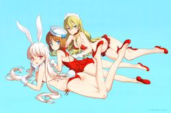  3girls :d absurdres animal_ears aqua_background ass bad_id bare_legs bare_shoulders bikini bikini_skirt blonde_hair blue_eyes blush breasts brown_hair casual_one-piece_swimsuit cleavage collar dated detached_collar dixie_cup_hat eiyuu_senki fake_animal_ears flat_chest flats francis_drake_(eiyuu_senki) gloves hair_between_eyes hairband hat head_rest high_heels highres long_hair long_legs looking_at_viewer lying maid_headdress military_hat multiple_girls navel no_socks on_side on_stomach one-piece_swimsuit open_mouth oyari_ashito parted_lips pink_eyes polka_dot polka_dot_swimsuit rabbit_ears red_bikini red_one-piece_swimsuit shoes short_hair side-tie_bikini_bottom sideboob sidelocks signature simple_background sir_kay_(eiyuu_senki) sir_percival_(eiyuu_senki) small_breasts smile string_bikini swimsuit white_gloves white_hair 