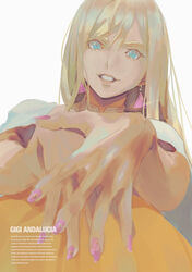  blue_eyes capelet character_name earrings english_text female gigi_andalusia gundam gundam_hathaway&#039;s_flash highres jewelry own_hands_together pink_nails portrait pumpkin ryukusou smile solo triangle_earrings white_background white_capelet 