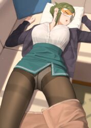  absurdres bad_id bad_pixiv_id breasts couch crotch_seam embroidered_panties female green_hair hibinpo highres idolmaster idolmaster_shiny_colors large_breasts miniskirt nanakusa_hazuki panties panties_under_pantyhose pantyhose shirt skirt sleep_mask sleeping solo spread_legs sweater tied_hair underwear upskirt white_panties white_shirt 