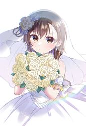  168_azusa absurdres alternate_costume bare_shoulders bouquet bridal_veil brown_eyes brown_hair closed_mouth commentary dress female flower hair_flower hair_ornament highres holding holding_bouquet looking_at_viewer medium_hair misaka_mikoto protected_link solo toaru_kagaku_no_railgun toaru_majutsu_no_index upper_body veil wedding_dress white_dress 