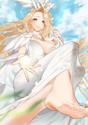  afk_arena ass barefoot belinda_(afk_arena) blonde_hair blurry blurry_foreground breasts cleavage cloud day detached_collar dress falling_leaves feet female foot_focus foot_out_of_frame forehead foreshortening from_below gem glowing gold_trim grass green_eyes highres holding holding_staff knees_up large_breasts leaf light_particles long_hair magic mole mole_under_eye orb outstretched_hand parted_bangs parted_lips sino42 sky soles solo staff teeth thighs toes white_dress wrist_cuffs 