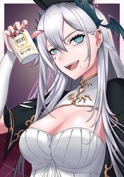  aqua_eyes bat_hair_ornament beer_can breasts can cleavage_cutout clothing_cutout detached_sleeves dress drink_can fangs female grey_hair hair_between_eyes hair_ornament highres indie_virtual_youtuber long_hair medium_breasts mole mole_under_mouth pochimaru_(vtuber) pochimaru_(vtuber)_(4th_costume) red_nails sicescythe smile solo virtual_youtuber white_dress white_sleeves 