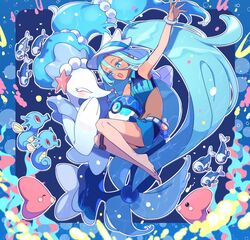  aqua_eyes aqua_hair bangle barefoot bikini blue_bikini blush bracelet breasts bubble closed_eyes female hair_between_eyes hat hatsune_miku highres horsea jewelry kodamari long_hair luvdisc open_mouth poke_ball pokemon pokemon_(creature) primarina project_voltage small_breasts swimsuit tan very_long_hair vocaloid water_miku_(project_voltage) white_headwear wishiwashi wishiwashi_(solo) 