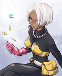  belt bikini black_bodysuit blue_eyes bodysuit bodysuit_under_clothes coin commentary_request crossed_legs dragon_quest dragon_quest_iii earrings female gem gloves hair_over_one_eye highres jewelry looking_at_viewer money necklace pekuchin_(pekuchin_3) pink_gloves pouch short_hair sitting solo swimsuit thief_(dq3) white_belt white_hair yellow_bikini 