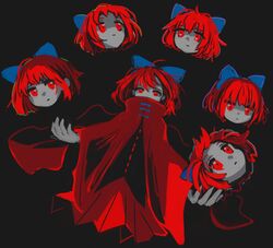  :| absurdres ahoge black_background black_shirt blue_bow bow cloak closed_mouth covered_mouth expressionless female hairbow highres ichinose_(kurui96) juggling long_sleeves looking_at_viewer one-hour_drawing_challenge red_cloak red_eyes red_hair red_skirt sekibanki shirt short_hair simple_background skirt solo touhou upper_body wide_sleeves 