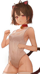  absurdres animal_collar animal_ear_hairband animal_ears bare_arms bell blush breasts brown_hair cat_ear_hairband cat_ears cat_tail collar collarbone commentary_request commission covered_navel cowboy_shot fake_animal_ears female groin hairband highres korean_commentary light_blush looking_at_viewer medium_breasts mole mole_on_breast mole_under_eye neck_bell one-piece_swimsuit original parted_lips paw_pose prunechi red_collar red_eyes second-party_source short_hair simple_background solo swimsuit tail thighhighs thighs wet white_background white_one-piece_swimsuit white_thighhighs yogu_(user_rxdx2445) 