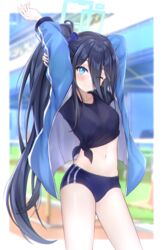  ;) absurdres aris_(blue_archive) arms_behind_head arms_up black_hair blue_archive blue_eyes blurry buruma commentary depth_of_field eyes_visible_through_hair female gym_shirt hair_between_eyes hair_over_one_eye halo highres jacket long_hair long_hair_between_eyes long_sleeves looking_at_viewer navel official_alternate_costume one_eye_closed ponytail reneua shirt sidelocks smile solo stadium stomach stretching track_jacket 